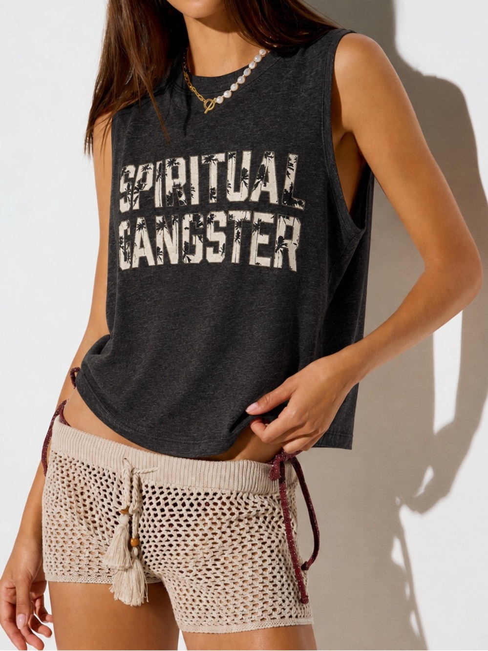 Spiritual Gangster Palm Logo Cropped Muscle Tank Charcoal Size